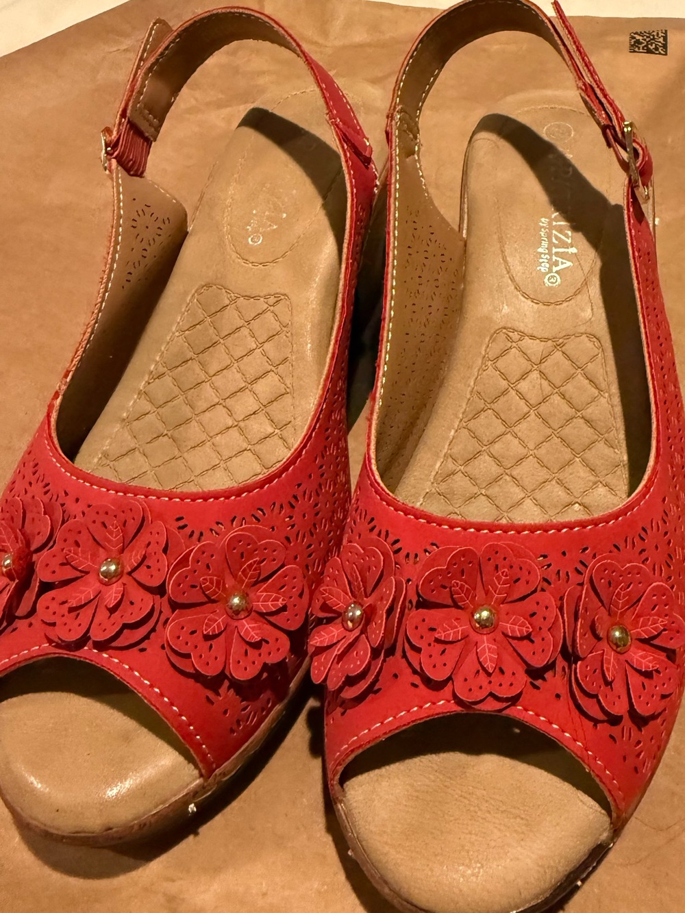 Red Floral Peep-Toe Slingback Sandals - Comfortiva